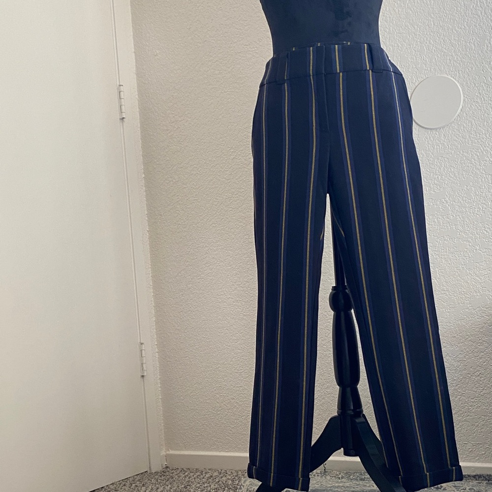 LOFT Navy Striped Cropped and Cuffed Trousers